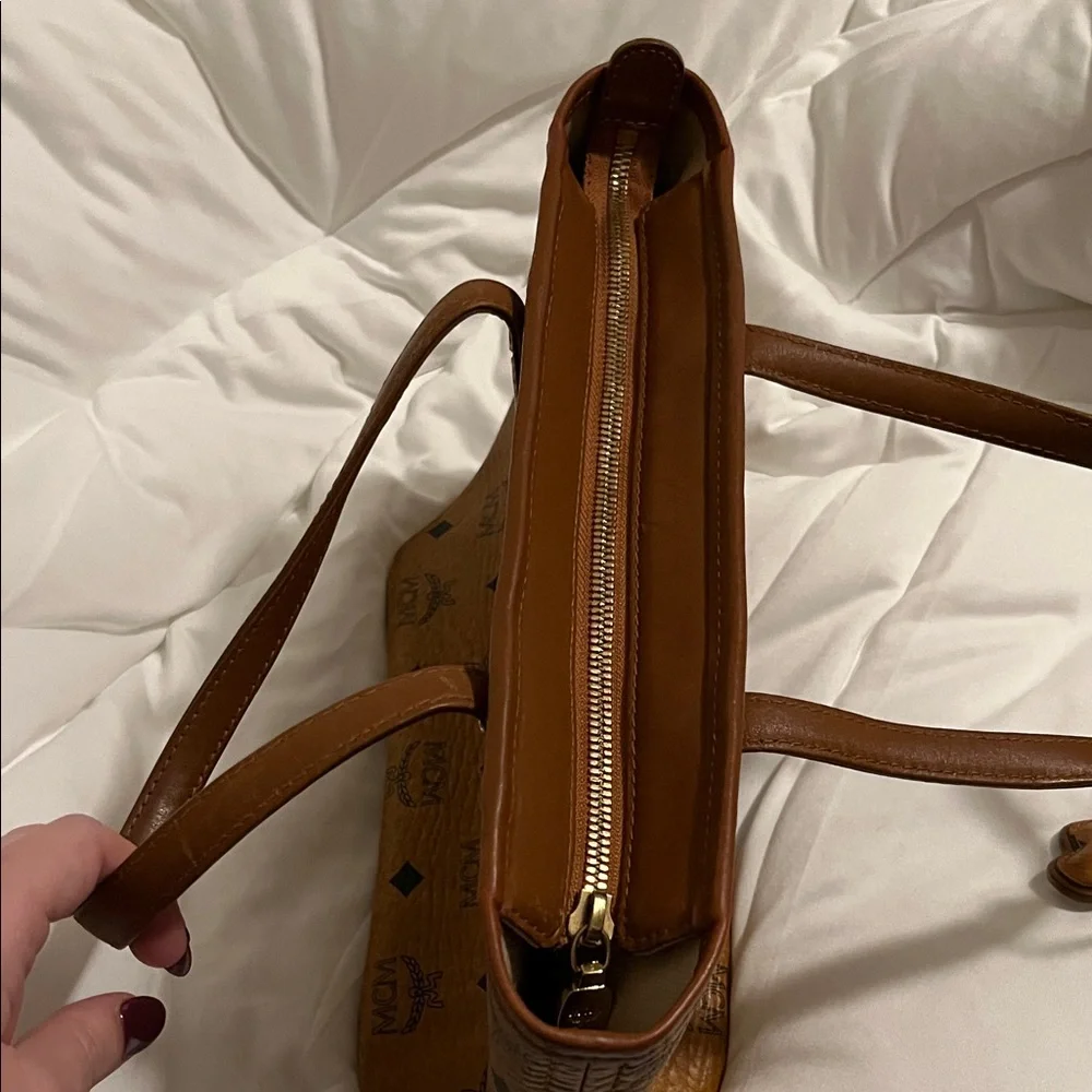 MCM Cognac Brown Visetos Small Tote with Navy and Orange Stripes